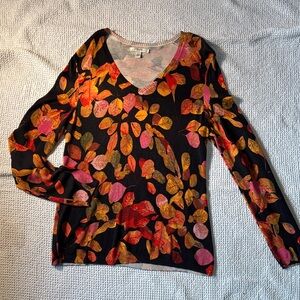 Liz Claiborne Multicolor Leaf Print Silk/Cotton Long Sleeve Top, XL, NWOT